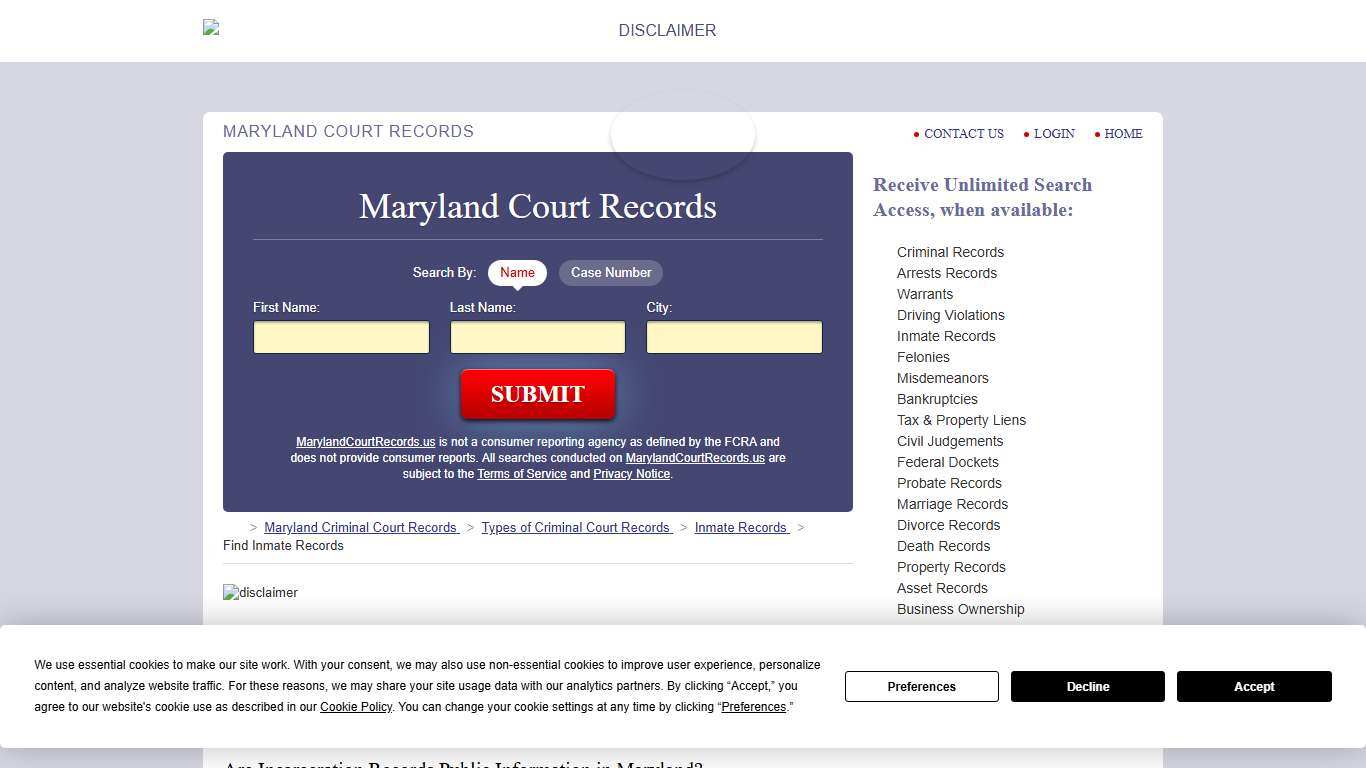 Maryland Inmate Search MarylandCourtRecords.us